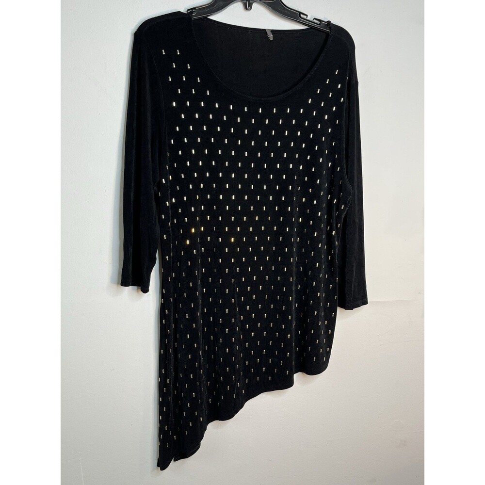 Chicos Travelers Black Studded Gold Geometric Art  Blouse Shirt Wms 2 US L  (09)
